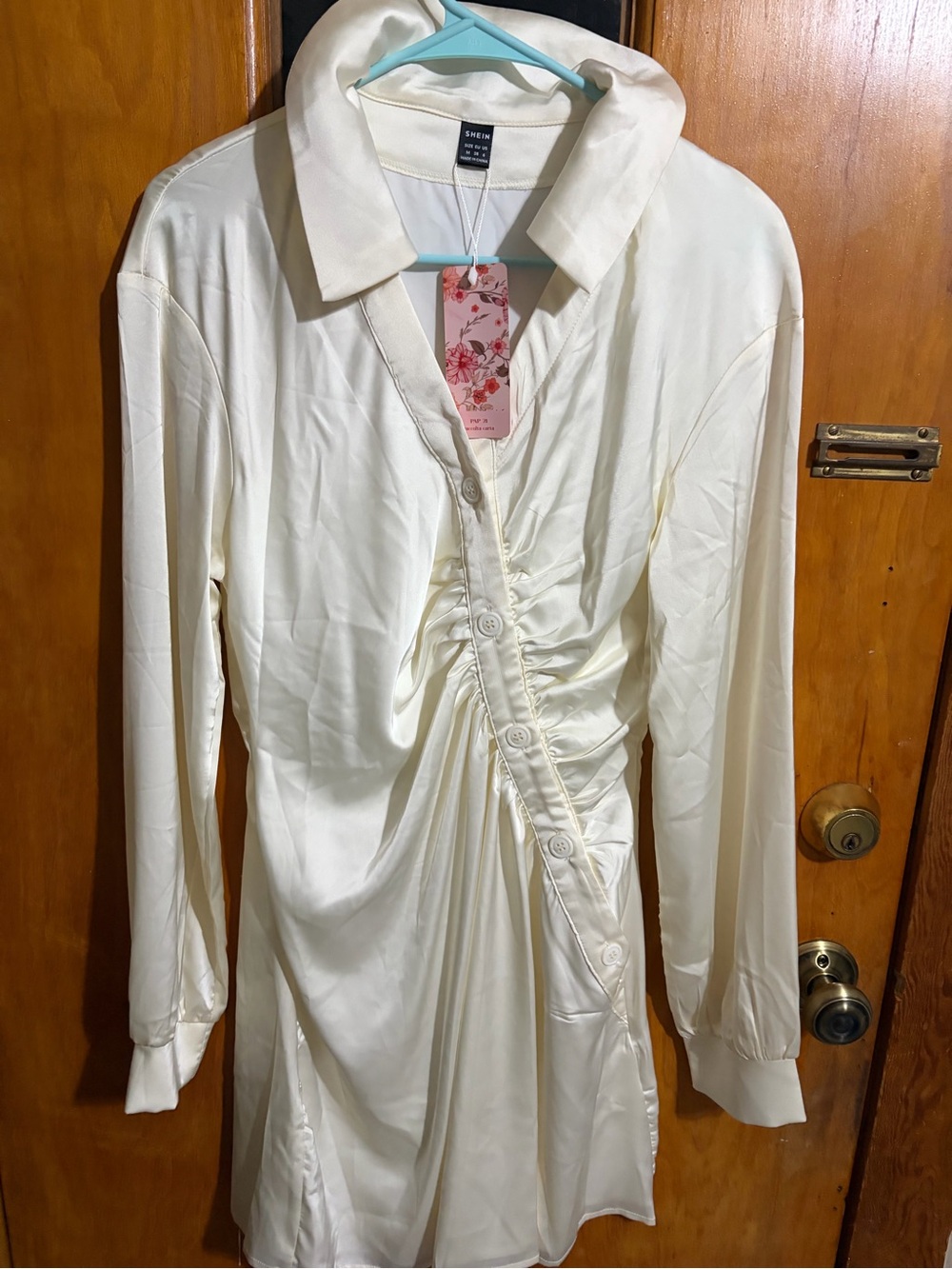 SHEIN Cream Ruched Button-Front Long Sleeve Shirt Dress